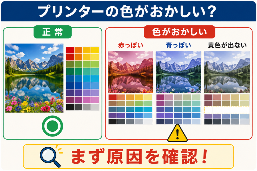 プリンターの色がおかしい原因｜赤・青・黄色が出ないときの確認方法
