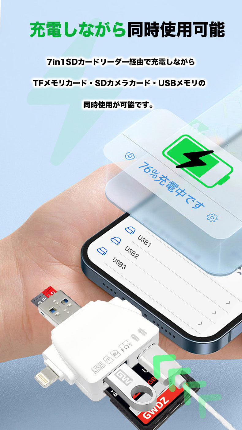 SDカードリーダー 7in1 iPhone iPad Android パソコン 対応 ２TB 対応 マルチカードリーダ― OTG 変換アダプター Type-C Lightning iPhone15 スマホ カードリーダー USB MicroSDカード USB ポート アイフォン TFカード バックアップ データ カメラリーダー 写真保存