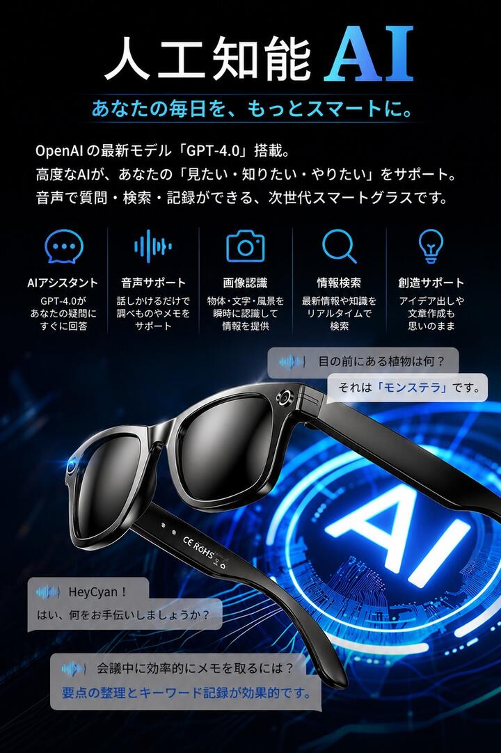 スマートグラス カメラ付き ボイスレコーダー 動画撮影 録画 録音 音楽再生 翻訳 AI翻訳 リアルタイム音声認識 映像 電話通話 ハンズフリー通話 ボイスレコーダー 防水防汗 スマートメガネ  AIメガネ 証拠 サングラス 眼鏡 AIワイヤレス メガネ ブルーライトカット 日本語