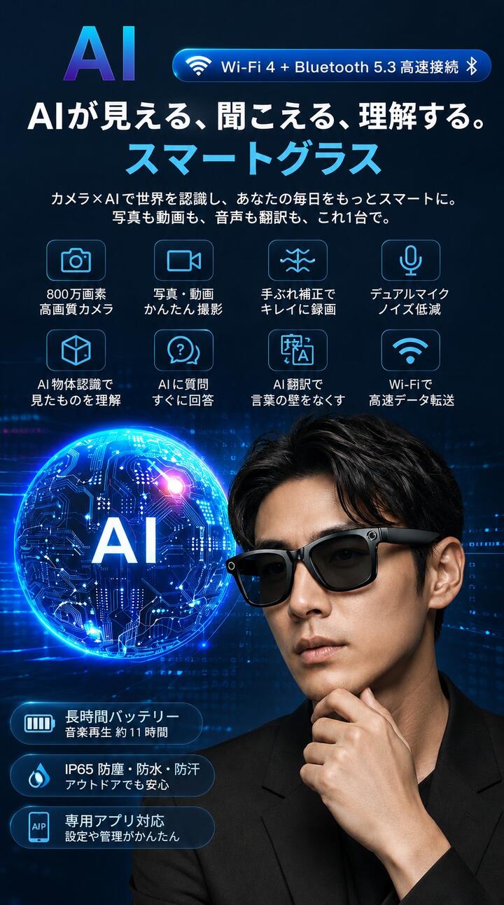 スマートグラス カメラ付き ボイスレコーダー 動画撮影 録画 録音 音楽再生 翻訳 AI翻訳 リアルタイム音声認識 映像 電話通話 ハンズフリー通話 ボイスレコーダー 防水防汗 スマートメガネ  AIメガネ 証拠 サングラス 眼鏡 AIワイヤレス メガネ ブルーライトカット 日本語