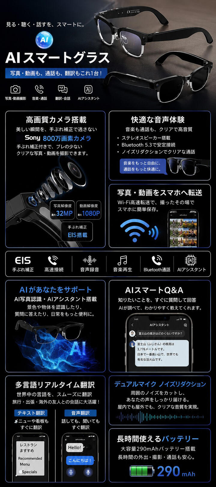 スマートグラス カメラ付き ボイスレコーダー 動画撮影 録画 録音 音楽再生 翻訳 AI翻訳 リアルタイム音声認識 映像 電話通話 ハンズフリー通話 ボイスレコーダー 防水防汗 スマートメガネ  AIメガネ 証拠 サングラス 眼鏡 AIワイヤレス メガネ ブルーライトカット 日本語