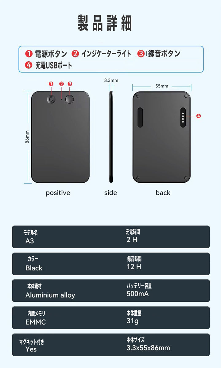 小型・薄型　ボイスレコーダー AI ChatGPT 64GB GPT-4o OpenAI AIボイスレコーダー ICボイスレコーダー ワンタッチ録音 アンドロイド ipad iphone