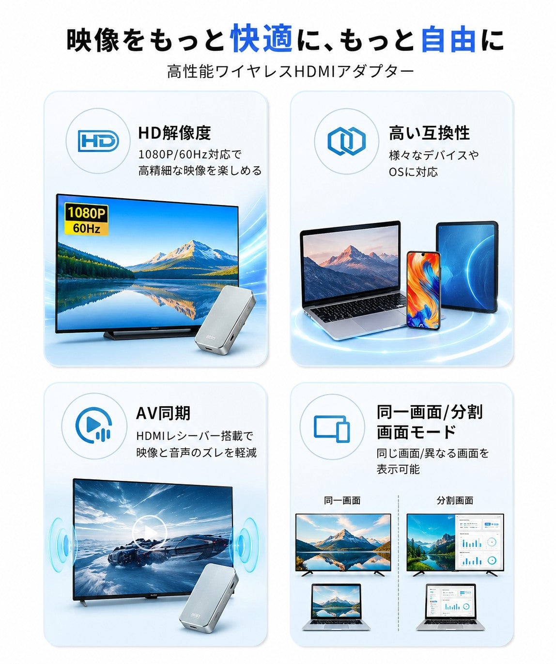 ワイヤレス HDMI スマートフォン対応 Type-C × HDMI トランスミッタ ＆レシーバー 送受信機セット スマホ対応 iPhone android ミラーリング 1080P 5G 長伝送距離  無線 タイプC hdmi WiFi不要 携帯電話 パソコン ビデオ オーディオ テレビ ゲーム プロジェクター モニター