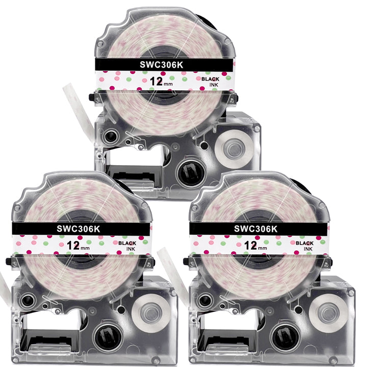 テプラテープ 12mm 水玉 黒文字 SWC306K 1個から 互換 キングジム対応 強粘着 12mm テープ幅 水玉地 / 黒文字 テプラPRO用 互換品 テプラ PRO 互換テープ 長さ 8m ラベルライター ラベルプリンター TEPRA PRO 用 互換テープカートリッジ  お名前シール