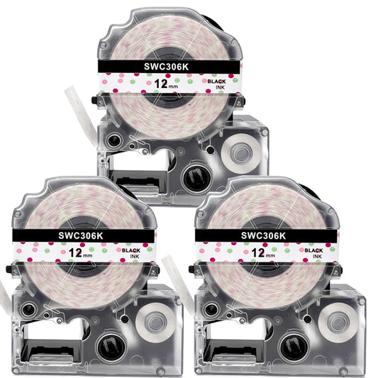 テプラテープ 12mm 水玉 黒文字 SWC306K 1個から 互換 キングジム対応 強粘着 12mm テープ幅 水玉地 / 黒文字 テプラPRO用 互換品 テプラ PRO 互換テープ 長さ 8m ラベルライター ラベルプリンター TEPRA PRO 用 互換テープカートリッジ  お名前シール