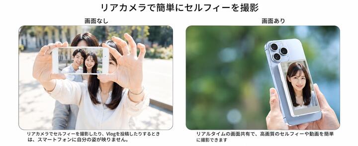 自撮りモニター Vlog撮影用 ワイヤレス ミラーリング 自撮り スマホ 外部スクリーン 高解像度 リモコン付き iPhone/Android対応 magsafe マグセーフ 自撮りスクリーン iPhone スマホ 背面モニター 磁気式 Vlog対応 カメラモニター高精細ディスプレイ ビデオ録画 ライブ配信