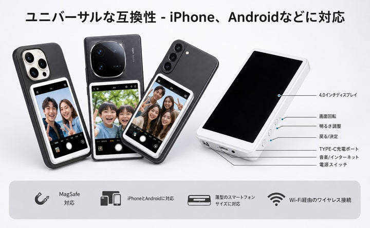 自撮りモニター Vlog撮影用 ワイヤレス ミラーリング 自撮り スマホ 外部スクリーン 高解像度 リモコン付き iPhone/Android対応 magsafe マグセーフ 自撮りスクリーン iPhone スマホ 背面モニター 磁気式 Vlog対応 カメラモニター高精細ディスプレイ ビデオ録画 ライブ配信
