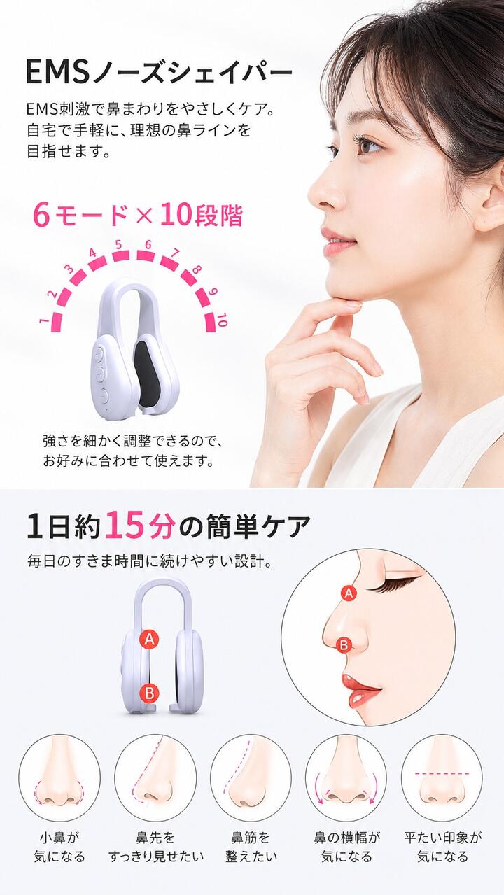 EMS 鼻 美顔器 ノーズクリップ 鼻筋 小鼻 引き締め 美鼻 リフトアップ USB充電 10段階 6モード 15分ケア