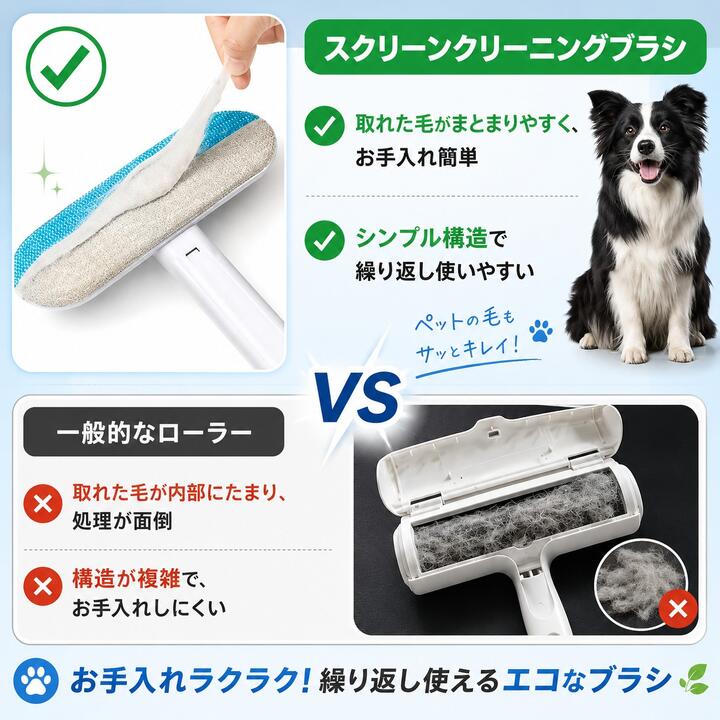 スクリーンクリーニングブラシ 4in1 抜け毛取りクリーナー 窓ガラス掃除ブラシ